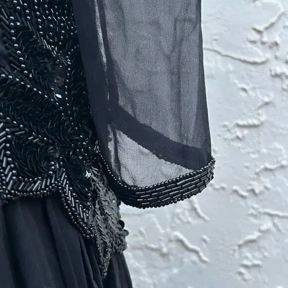 Vintage Black Tie He-Ro Evening Dress 8 Black Sequined Beaded Silk Drop Waist